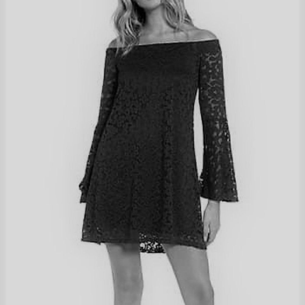 AUW Black Crochet Sheer Dress Bell Sleeves Granny